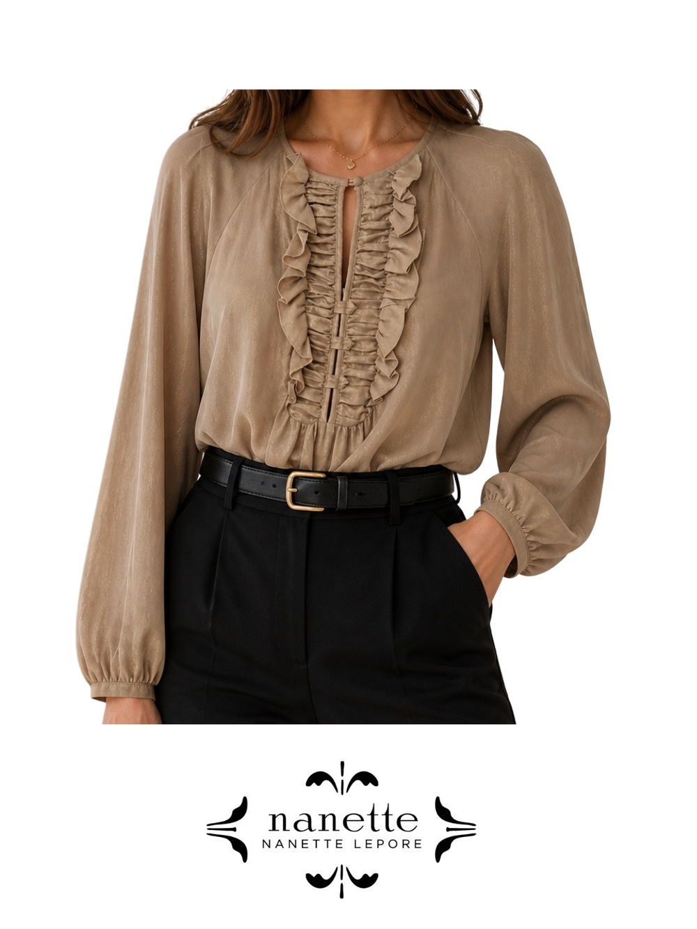 Nanette Lepore - gorgeous, flowing sheer gold blouse with ruffles, size 6